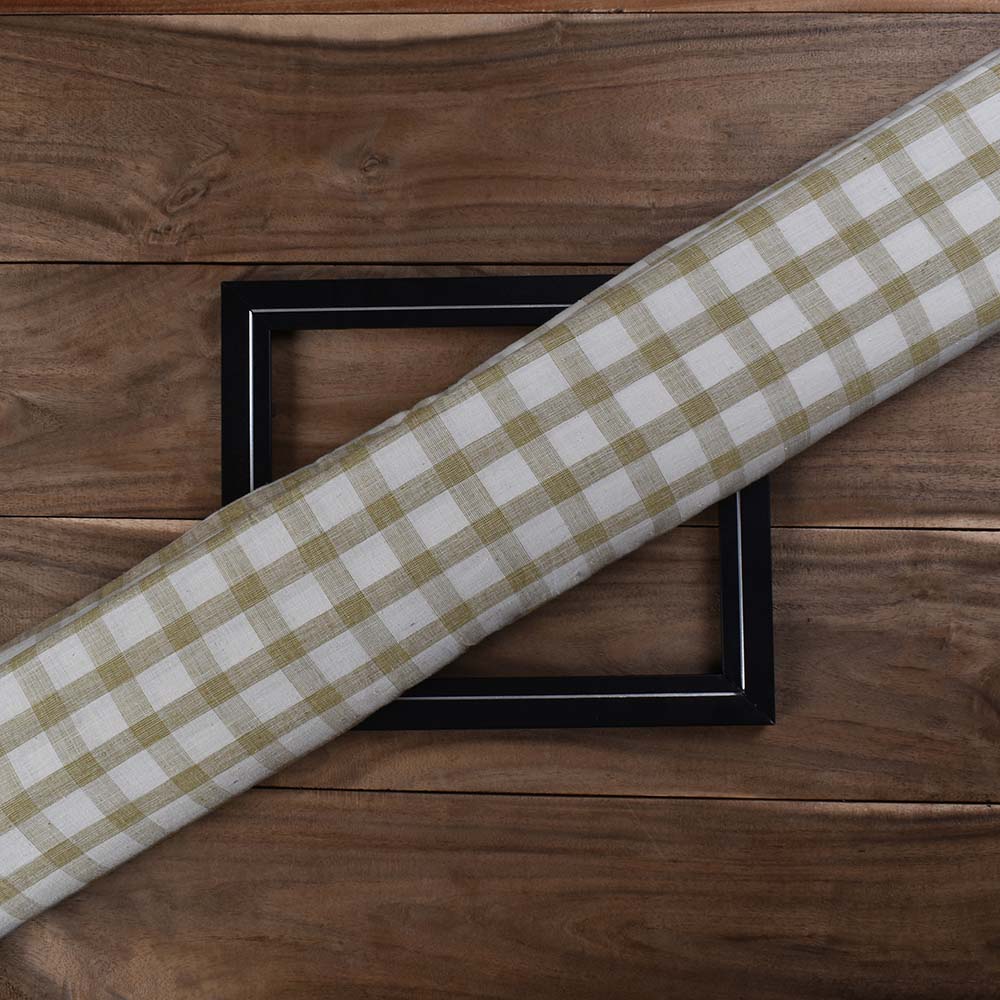 Check White Olive Pure Cotton 117 GSM Handwoven Fabric