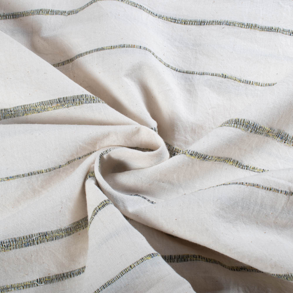 Extra Weft White & Greenish Yellow Stripe Pure Cotton 145 GSM Handwoven Fabric