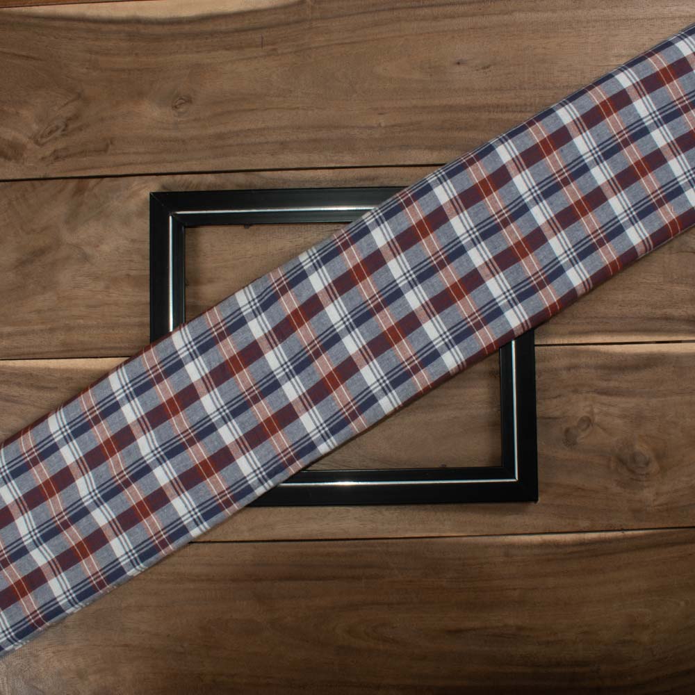 CHECK BLUE BROWN & WHITE PURE COTTON 94 GSM HANDWOVEN FABRIC
