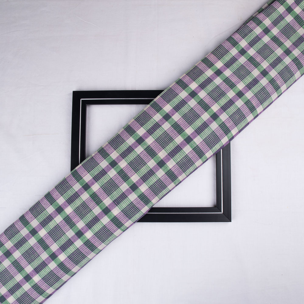 Check Purple & Green Pure Cotton 67 GSM Handwoven Fabric