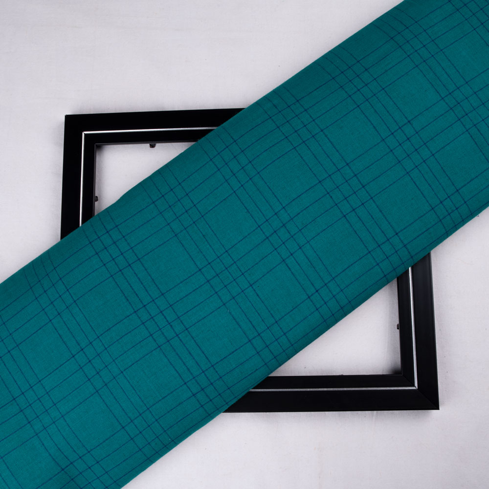 Check Teal Pure Cotton 95 GSM Handwoven Fabric