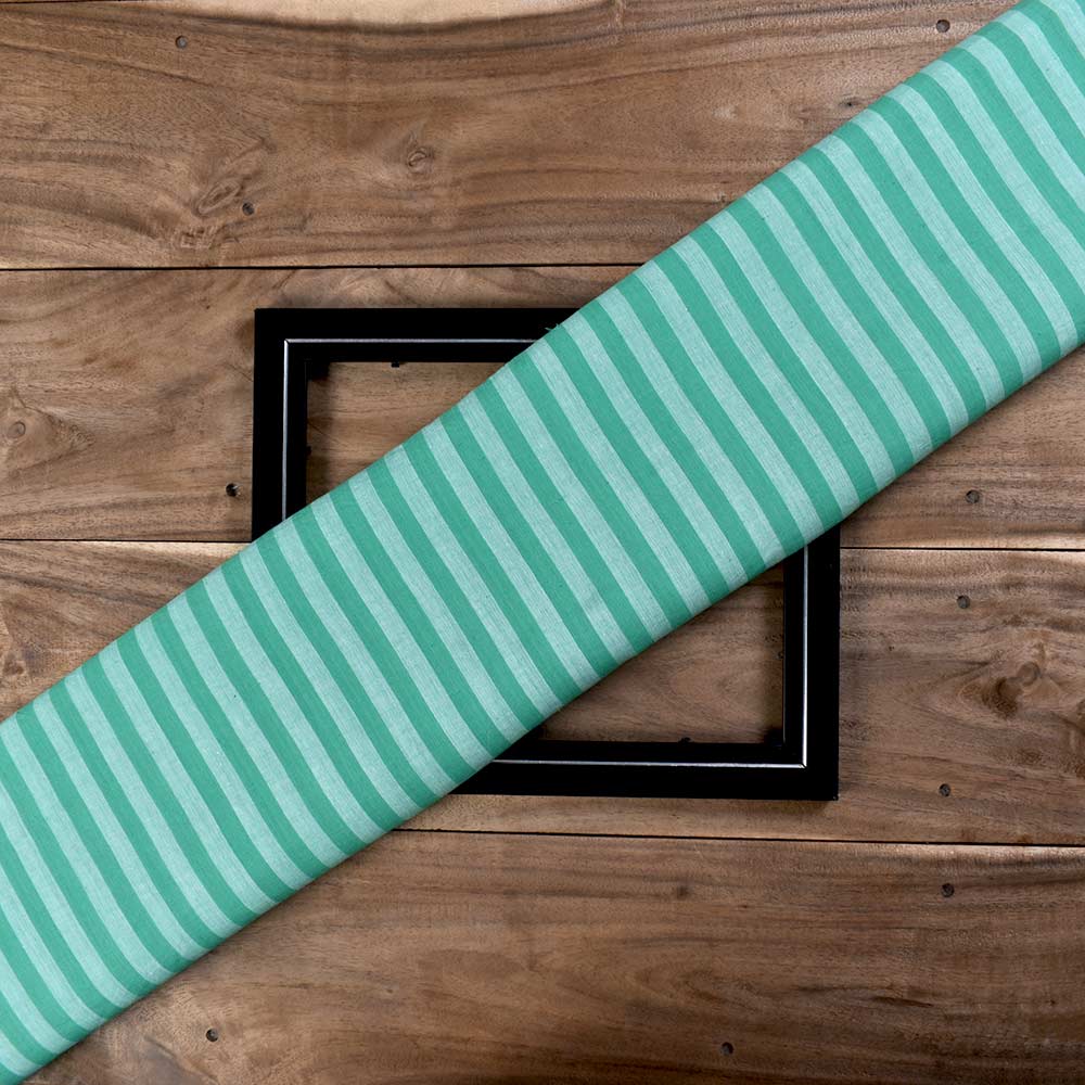 Stripe Green & White Pure Cotton 62 GSM Handwoven Fabric 242