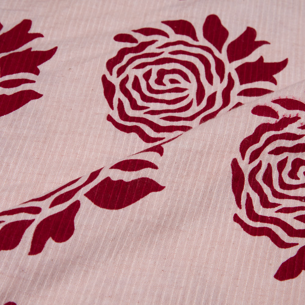 ROSE RED SCREENPRINTED COTTON KHADI 104 GSM HANDWOVEN FABRIC