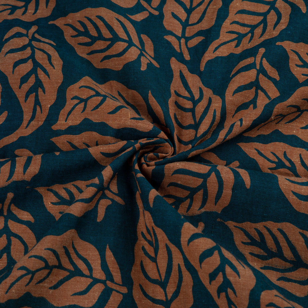 Leafy Teal & Brown Screenprinted Cotton Khadi 82 GSM Handwoven Fabric