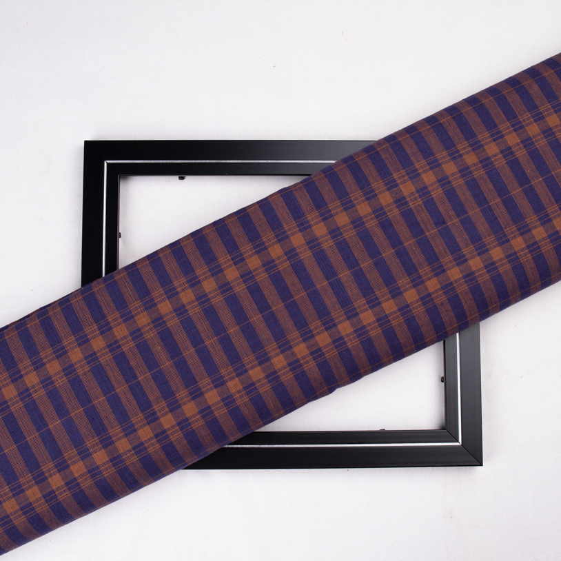 Check Blue & Brown Pure Cotton 100 GSM Handwoven Fabric