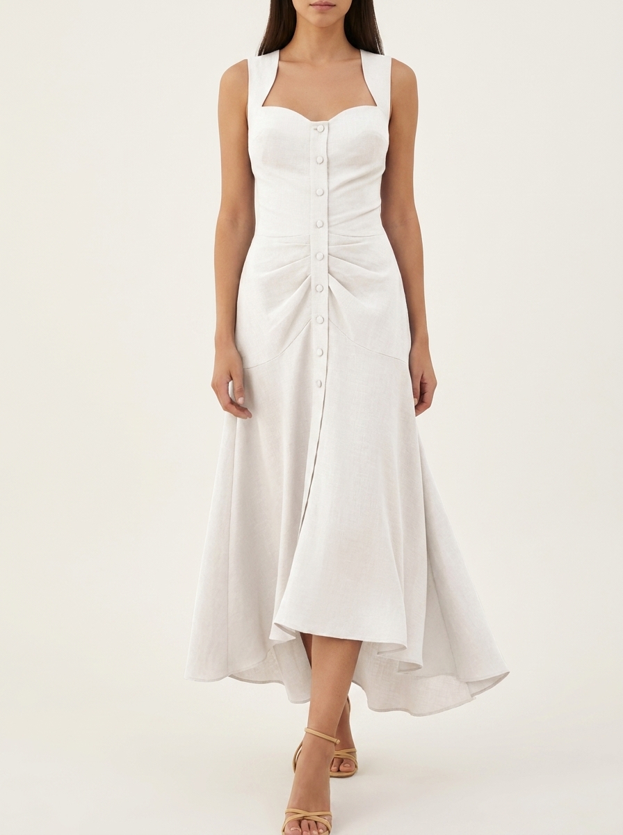 Centre Gathers & Buttoned Midi Dress
