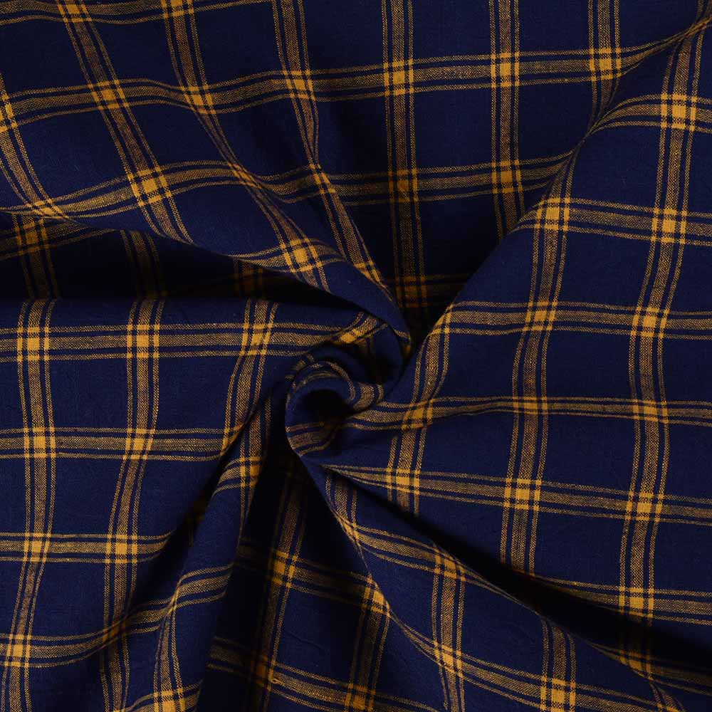 Check Navy Yellow Pure Cotton 110 GSM Handwoven Fabric