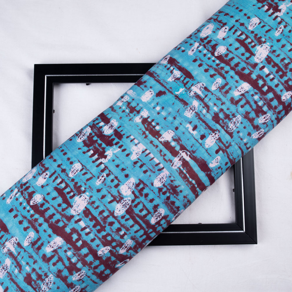 Abstract Blue Screenprinted Cotton Khadi 125 GSM Handwoven Fabric