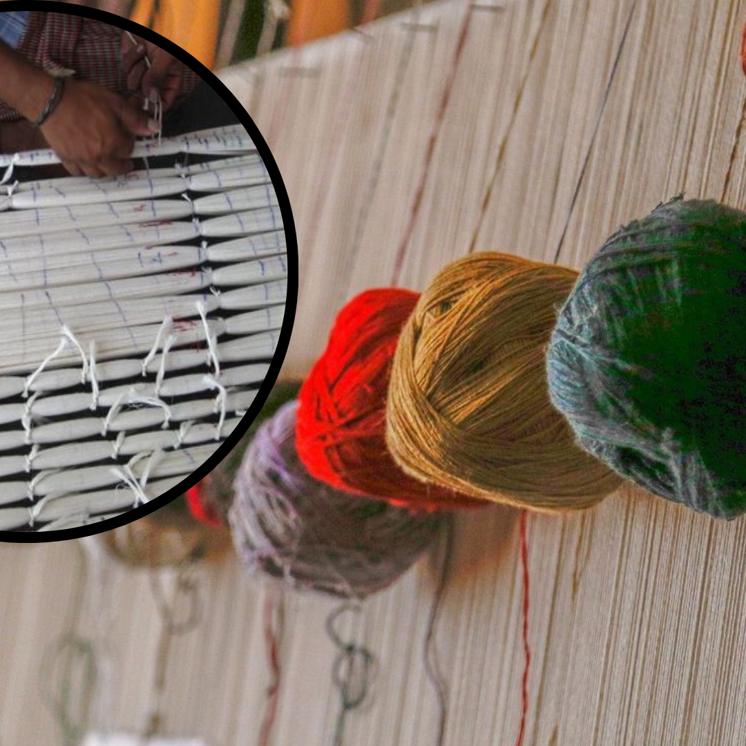 The selected yarn is wound onto a frame or a warping board to create the warp