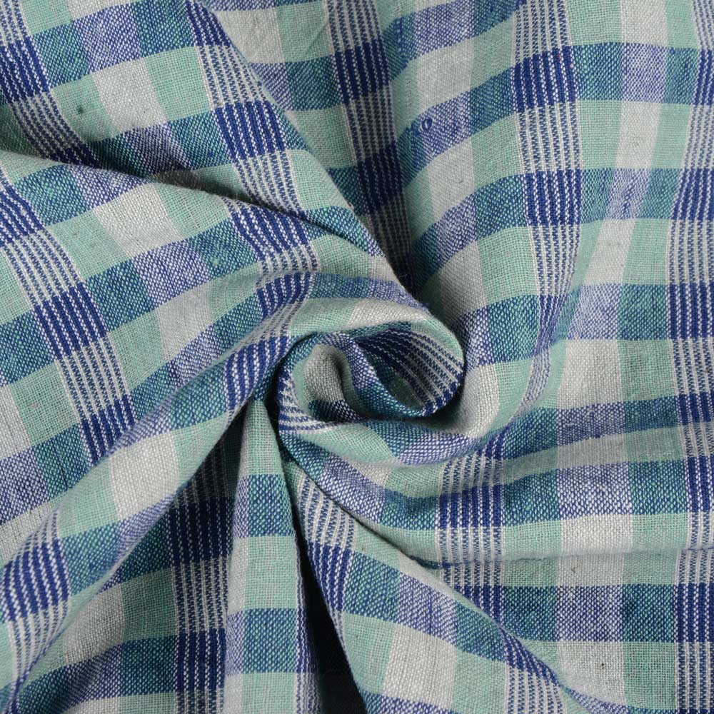 Check Blue Green Khadi Fabric - 120 GSM Handspun & Handwoven