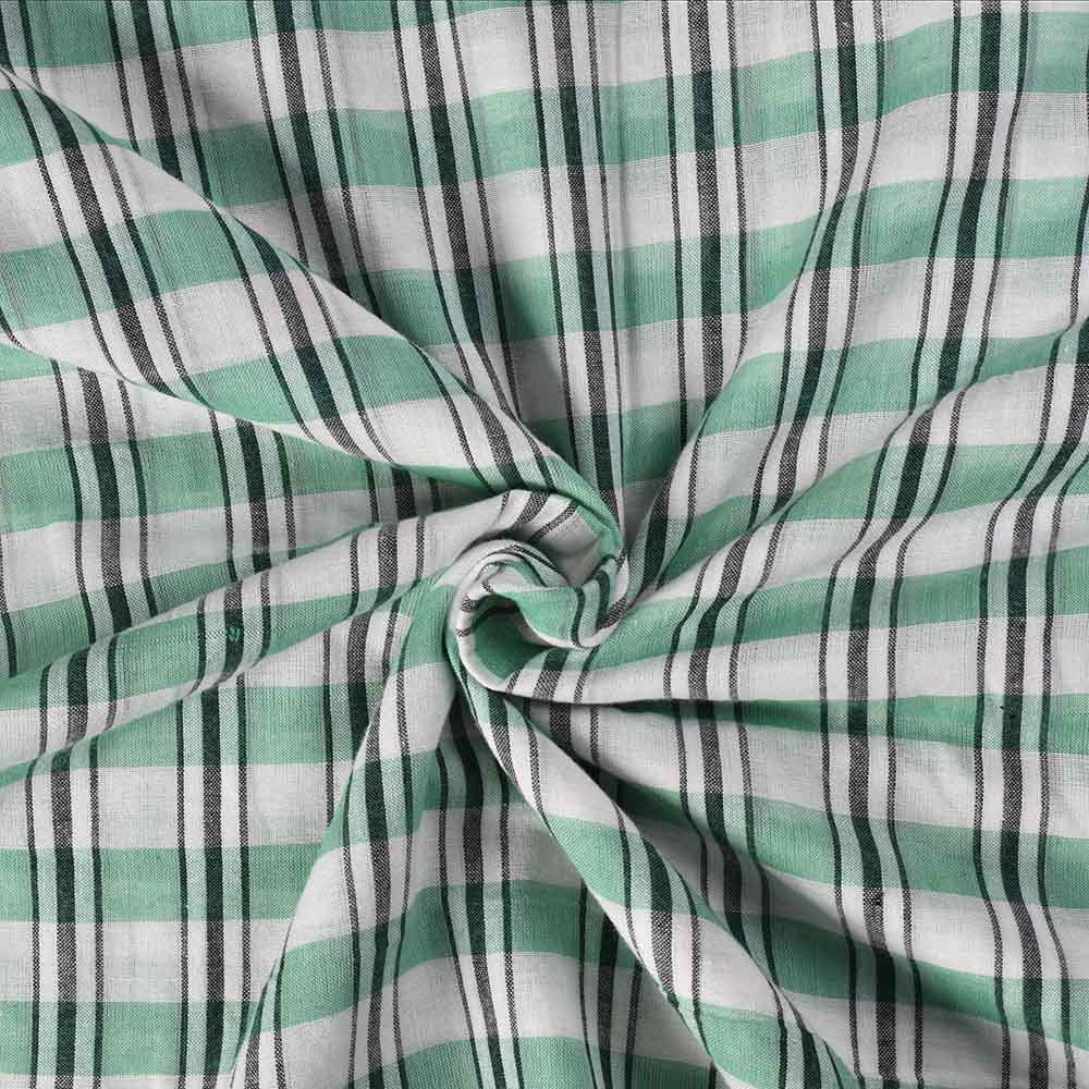 Check White Black And Green Pure Cotton 90 GSM Handwoven Fabric