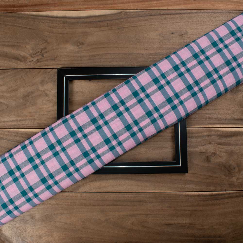 Check Pink Blue Pure Cotton 100 GSM Handwoven Fabric