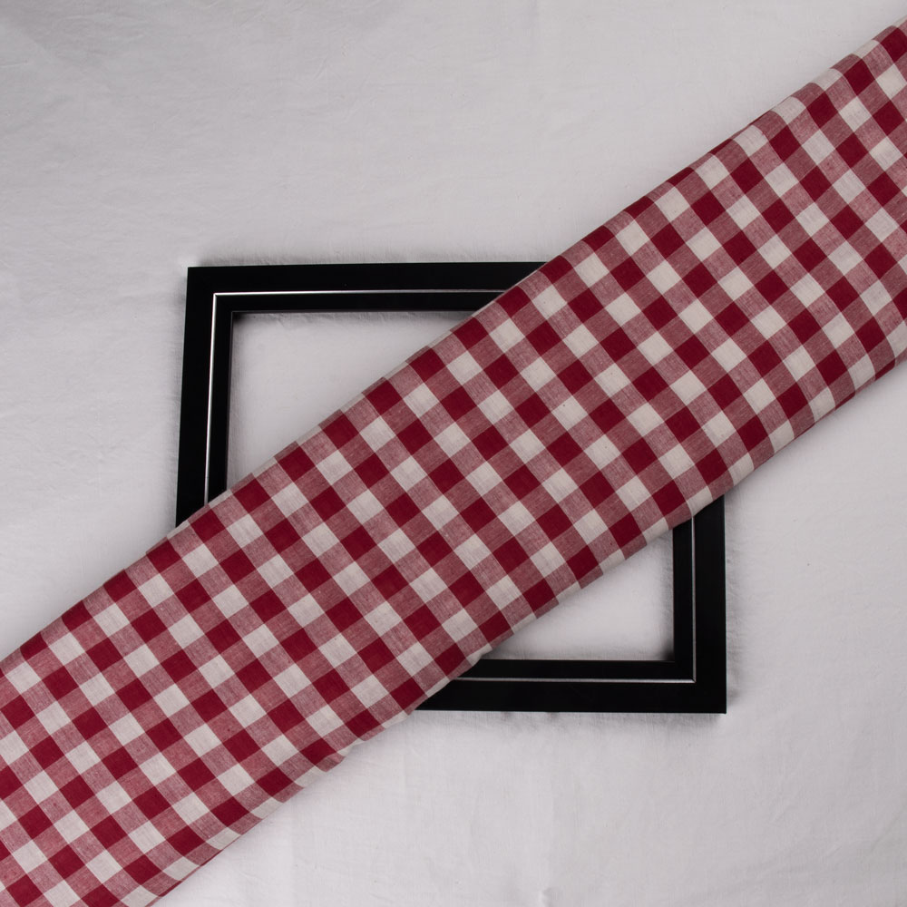 Gingham Check Red & White Pure Cotton 71 GSM Handwoven Fabric