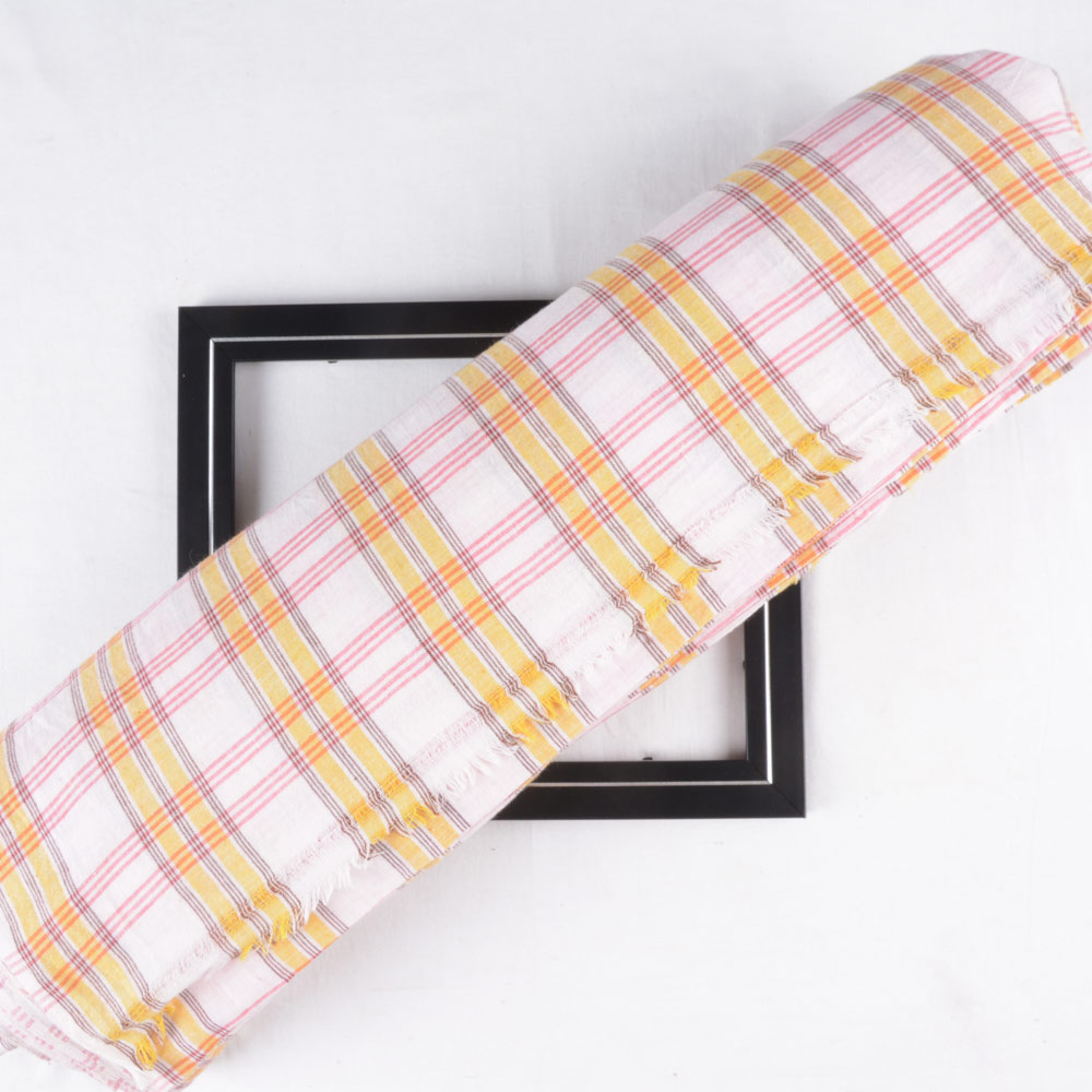 Check White Yellow & Red Pure Cotton 97 GSM Handwoven Fabric