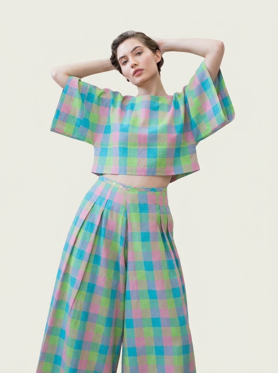 Split Sleeve Lose Cropped Top & Bottoms Co-ord Set - Multicolored