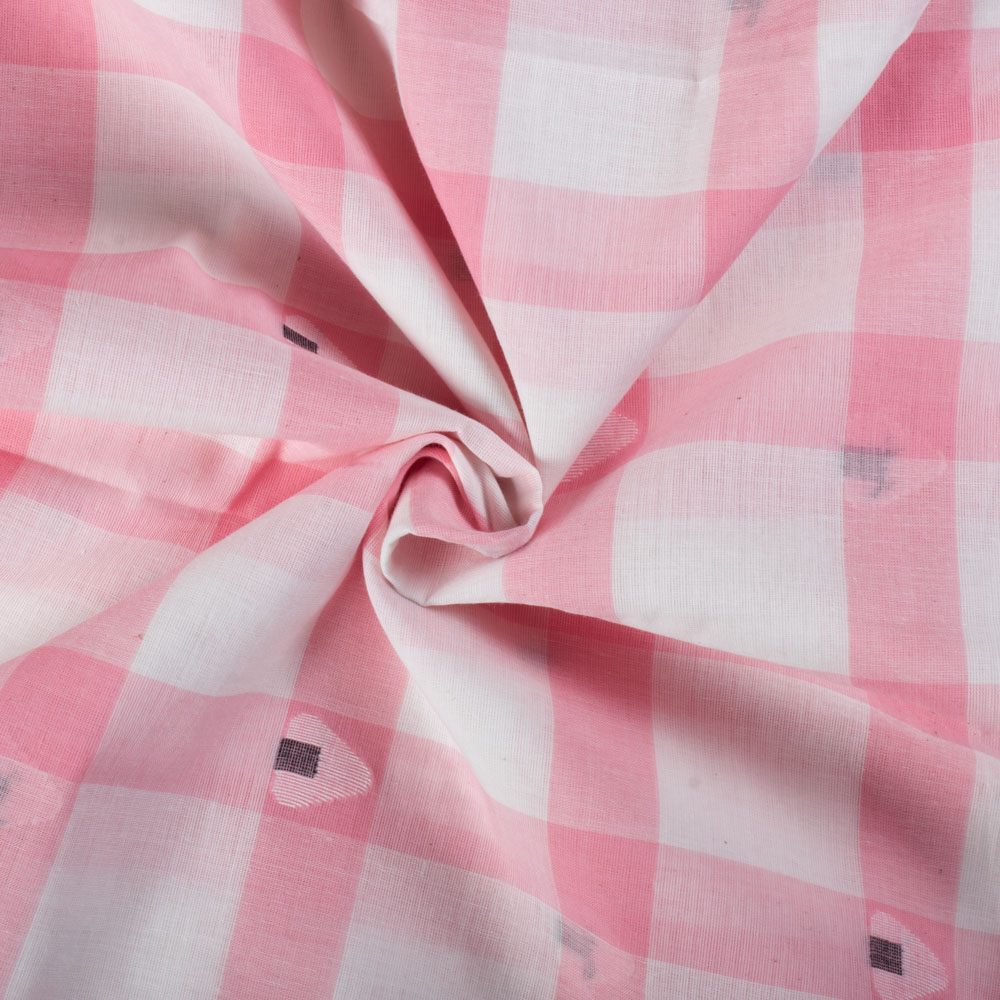 Check Pink White Pure Cotton 55 GSM Onigiri Jamdani Fabric