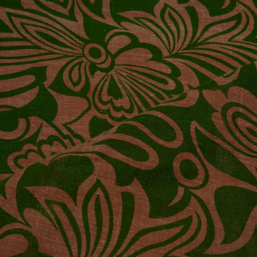 FLORAL GREEN & BROWN SCREENPRINTED COTTON KHADI 84 GSM HANDWOVEN FABRIC