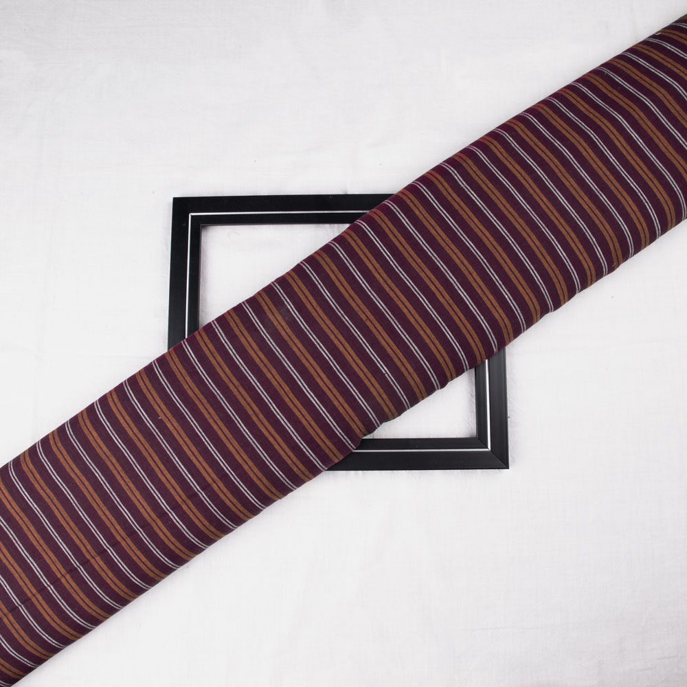 STRIPE MAROON & BROWN PURE COTTON 68 GSM HANDWOVEN FABRIC