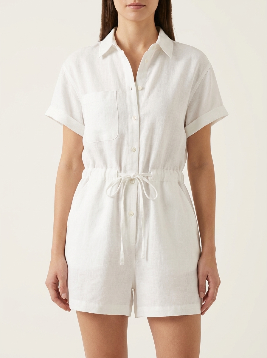 Shirt Romper With Waist Tie With A Chest Pocket