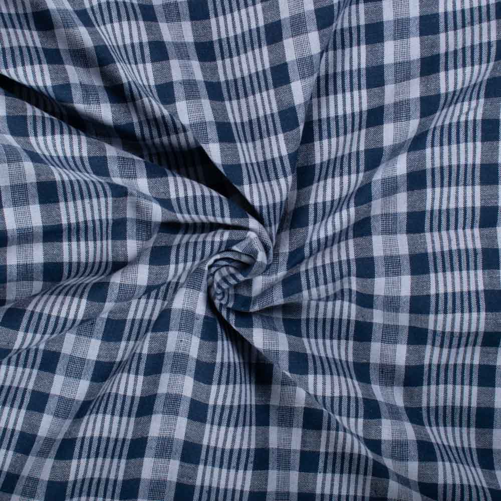 Navy Blue & White Check Pure Cotton 100 GSM Handwoven Fabric 775