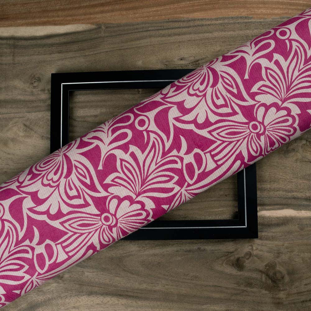 FLORAL PINK SCREENPRINTED COTTON KHADI 104 GSM HANDWOVEN FABRIC