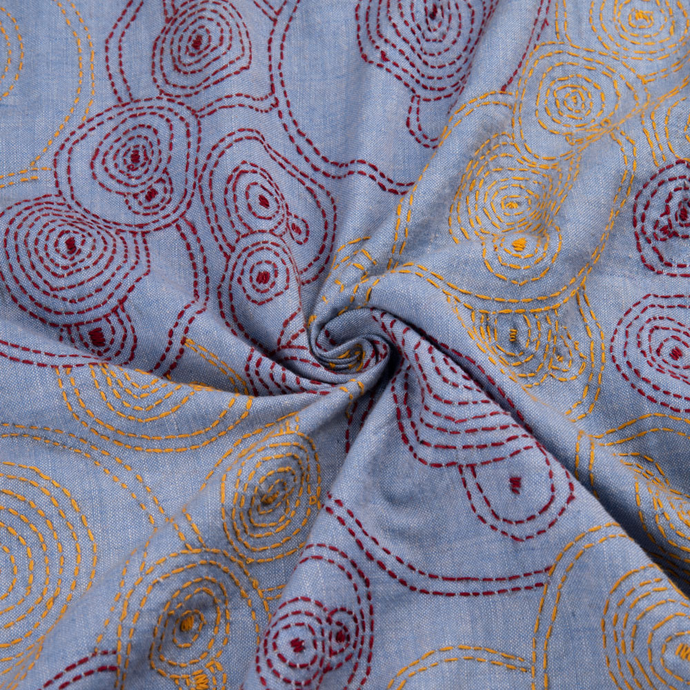 Geometrc Blue Kantha Embroidered Khadi Cotton 133 GSM Handwoven Fabric