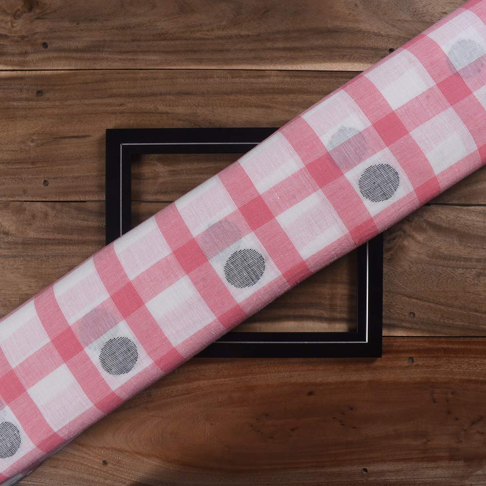 Polka Check Pink & Black Jamdani Pure Khadi 104 GSM Handwoven Fabric