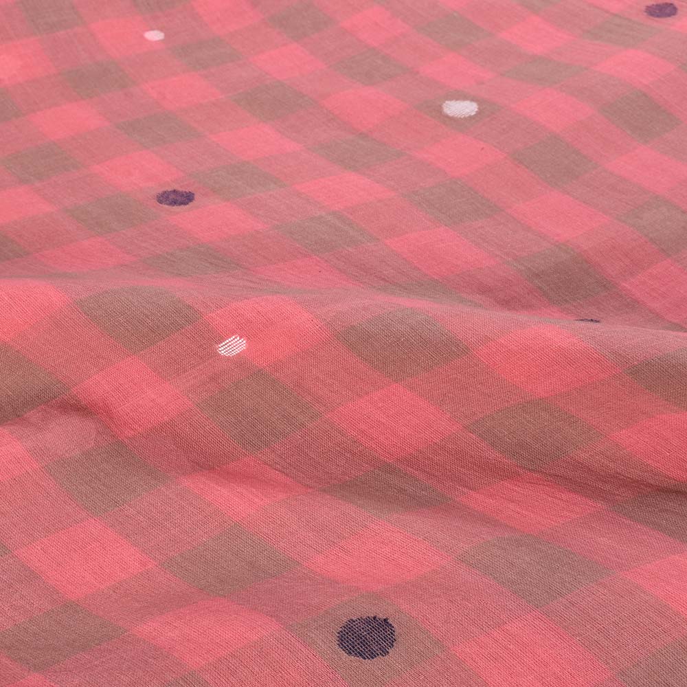PINK GREY CHECK JAMDANI PURE COTTON 50 GSM HANDWOVEN FABRIC