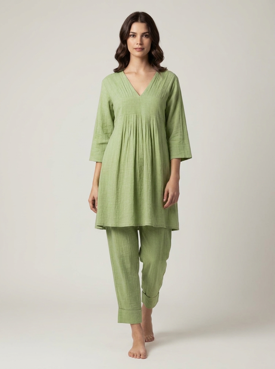 V Neck Pleated Co-ord Set