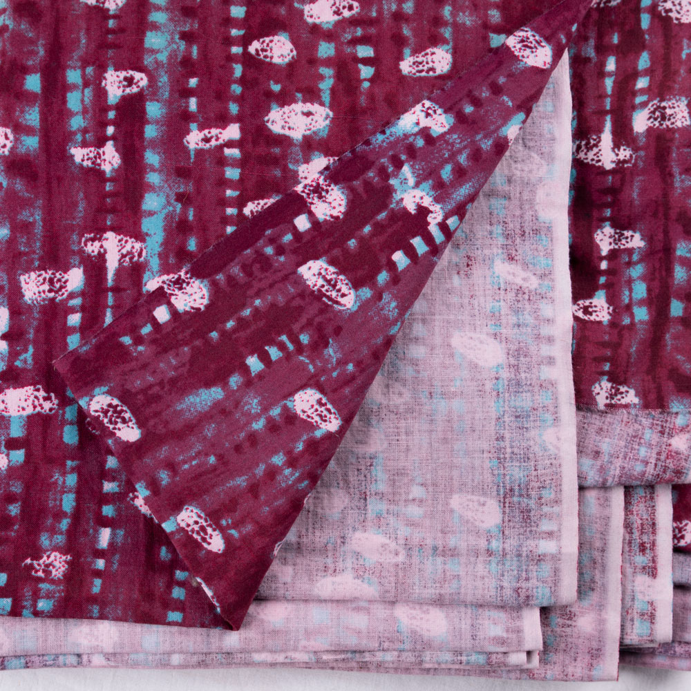 ABSTRACT PLUM SCREENPRINTED COTTON KHADI 115 GSM HANDWOVEN FABRIC