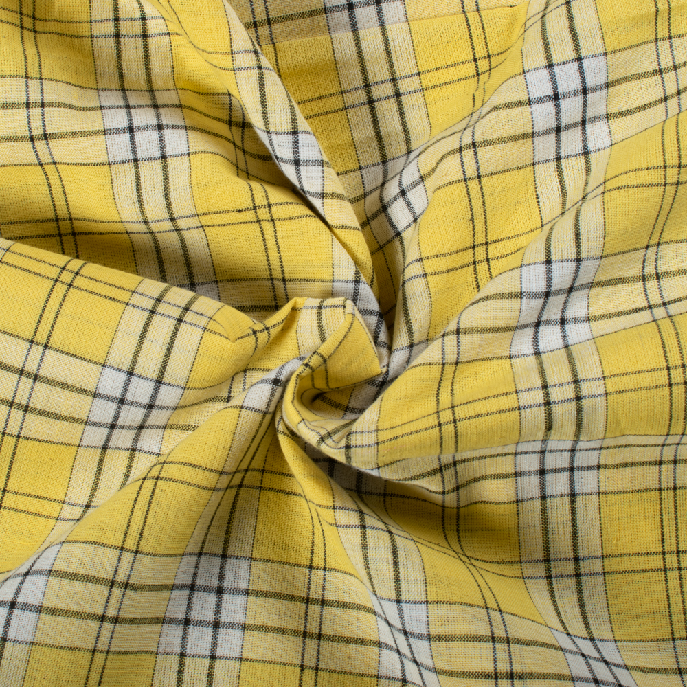 Yellow Base Black & White Check Pure Cotton 85 GSM Handwoven Fabric