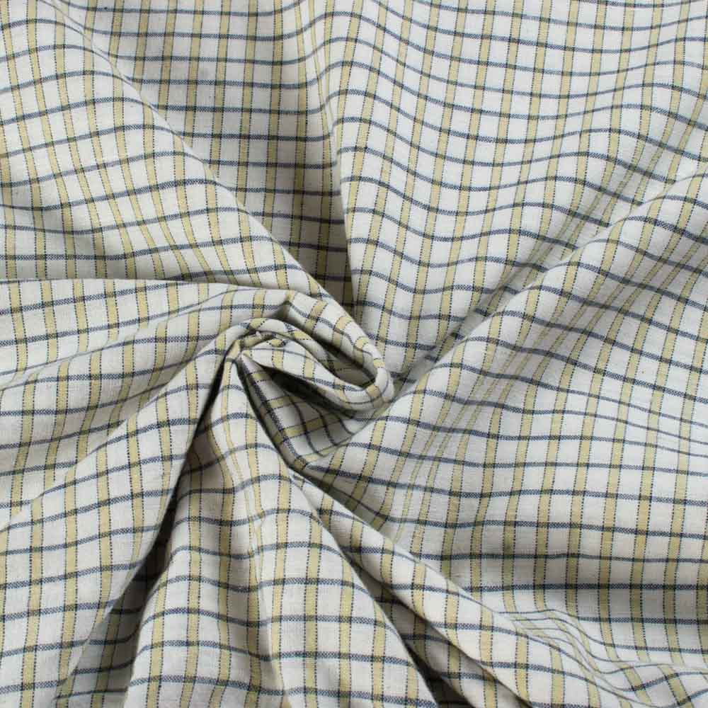 Off White Check Blue Yellow 100 GSM Pure Cotton Handwoven Fabric