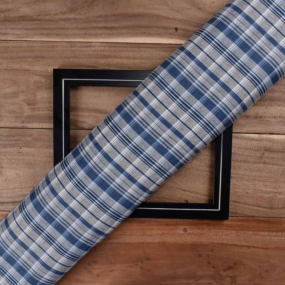 Check Reversible Satin Twill Blue Pure Cotton 100 GSM Handwoven Fabric
