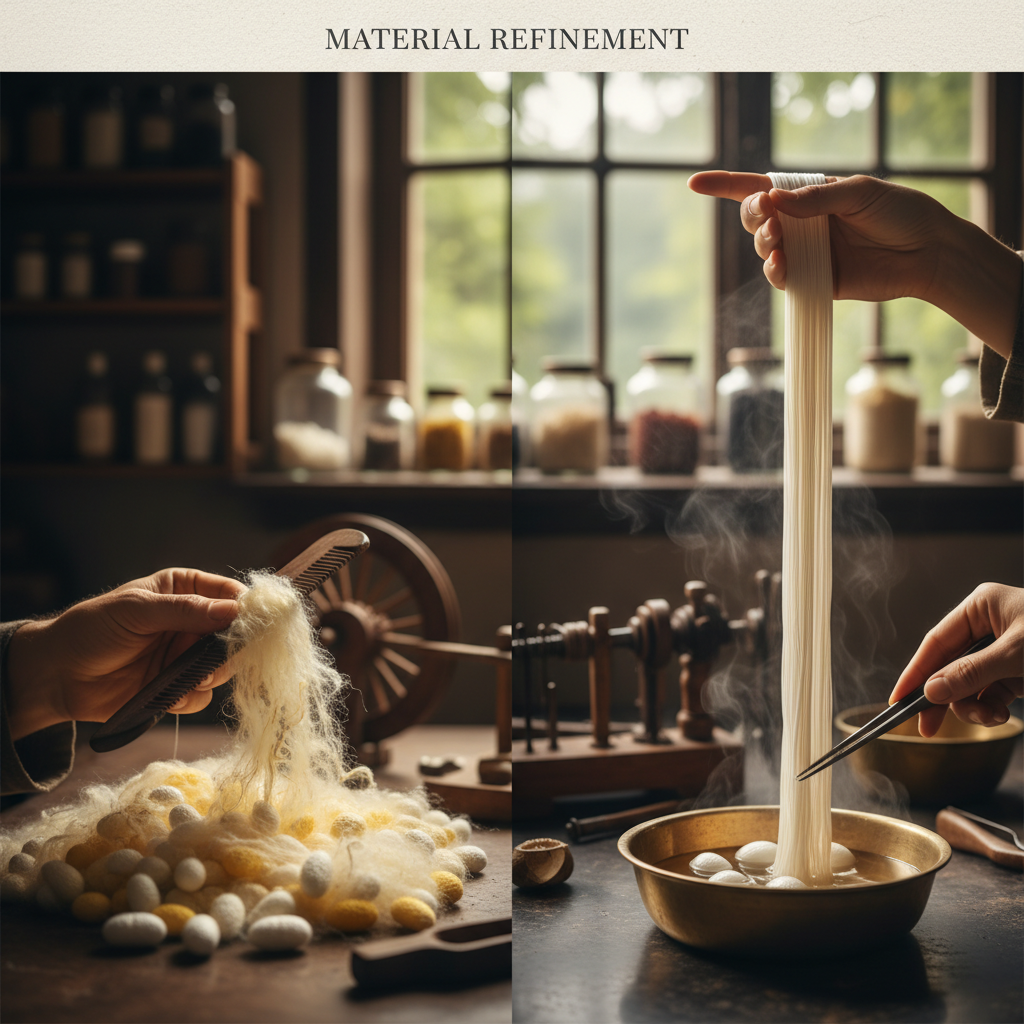 Comparison of raw silk vs mulberry silk showing textured raw yarn and smooth degummed silk yarn.