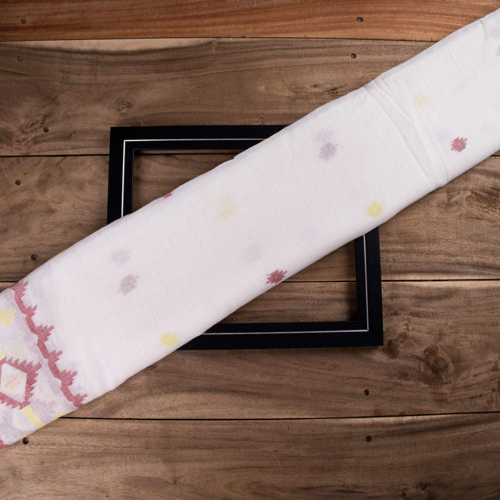 Geometric White Jamdani Pure Cotton 56 GSM Handwoven Fabric