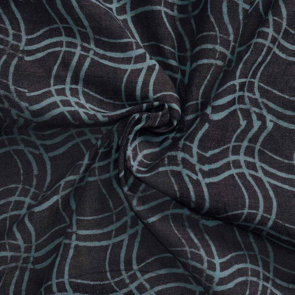 Wavy Blue Black Discharge Block Printed Pure Cotton 88 GSM Handwoven Fabric