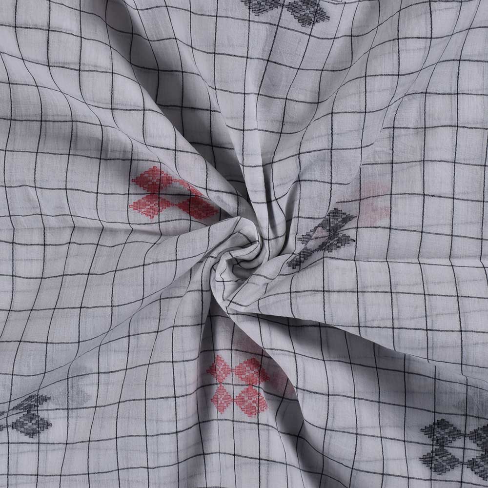 Geometric Check White & Black Jamdani Pure Cotton 56 GSM Handwoven Fabric