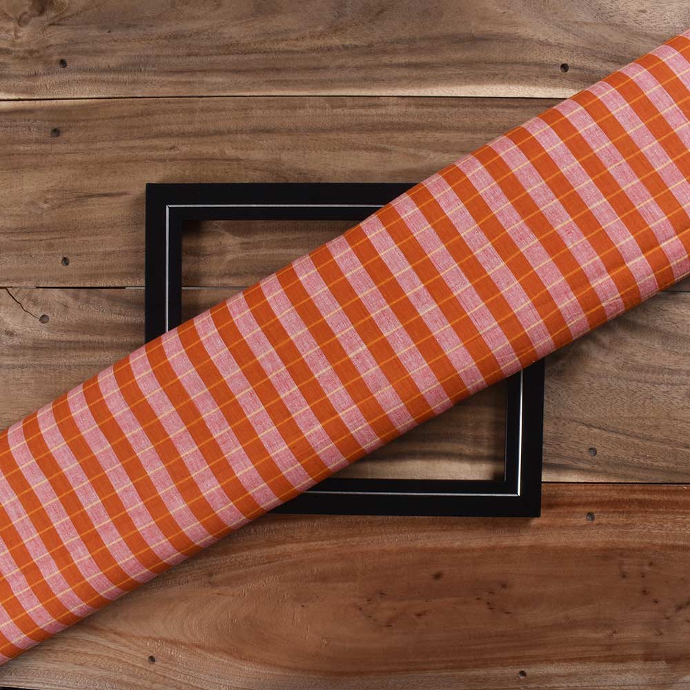 Check Orange & Pink Pure Cotton 66 GSM Handwoven Fabric