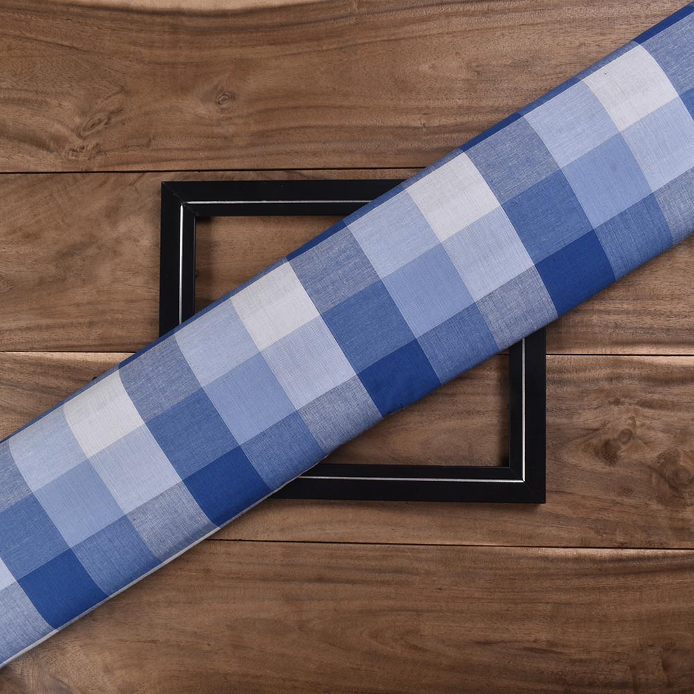 Check White & Blue Pure Cotton 92 GSM Handwoven Fabric