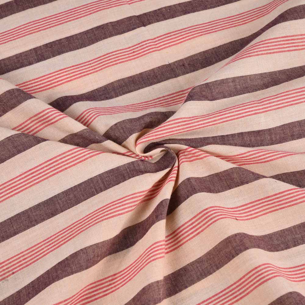 Stripe Peach Brown & Red Pure Cotton 90 GSM Handwoven Fabric