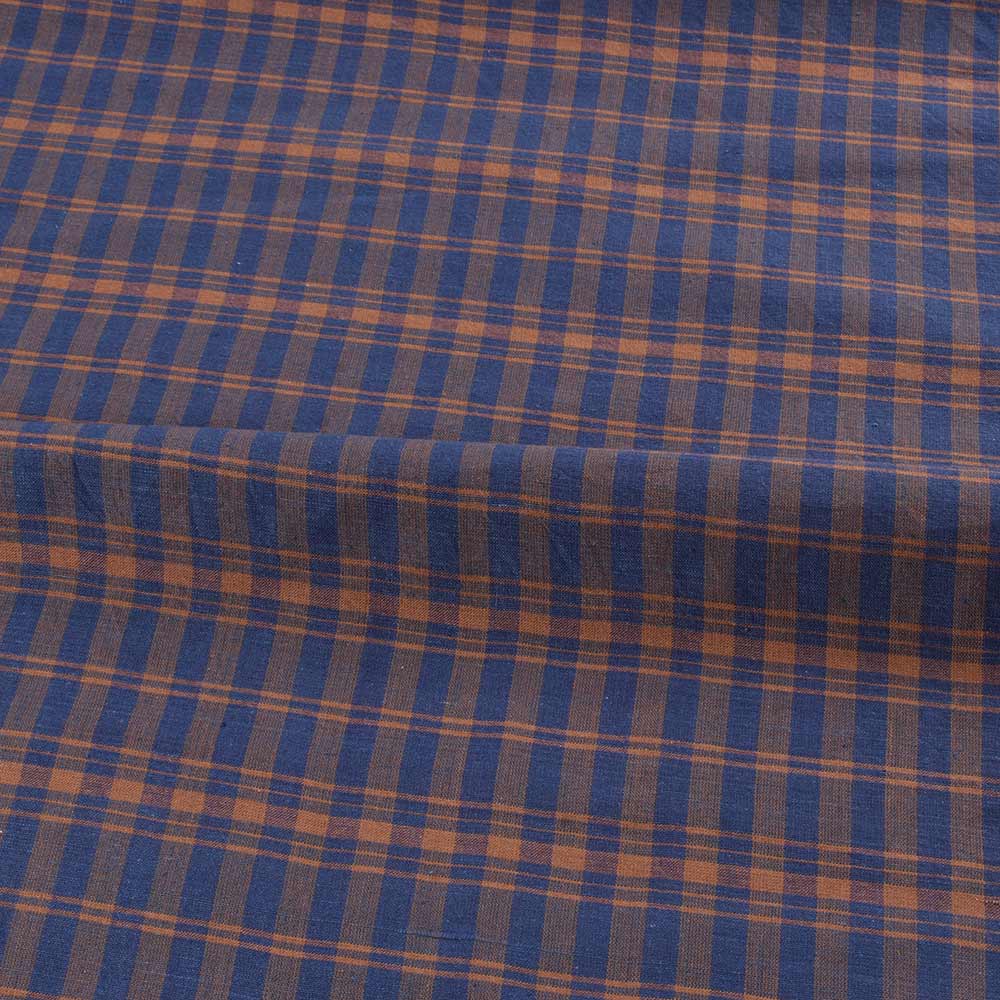 CHECK BLUE & BROWN KHADI COTTON 112 GSM HANDWOVEN FABRIC
