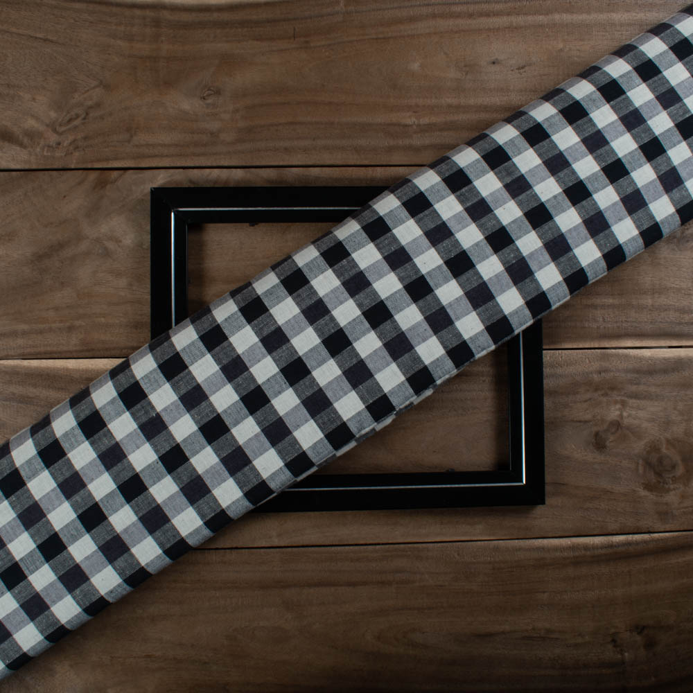 Check Black Grey White Cotton Khadi 120 GSM Handwoven Fabric 748