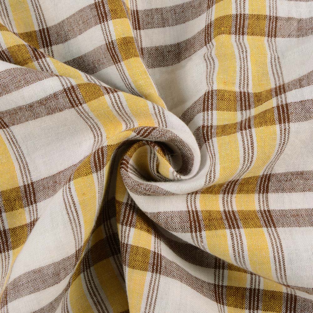 Check Brwon Yellow & White Pure Cotton 99 GSM Handwoven Fabric