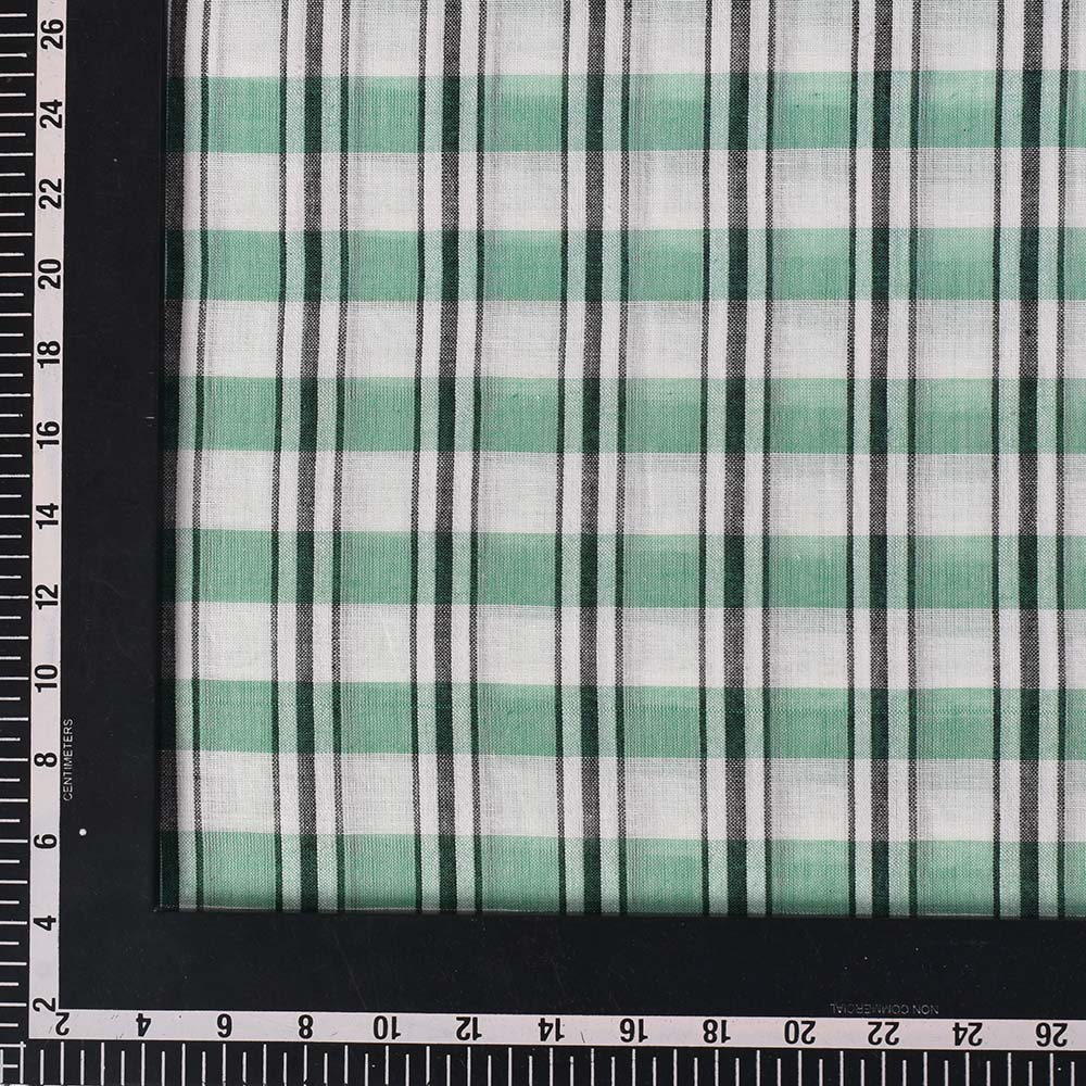 CHECK WHITE BLACK AND GREEN PURE COTTON 90 GSM HANDWOVEN FABRIC