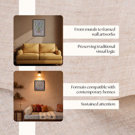 Framed Madhubani wall art displayed in a contemporary interior setting.