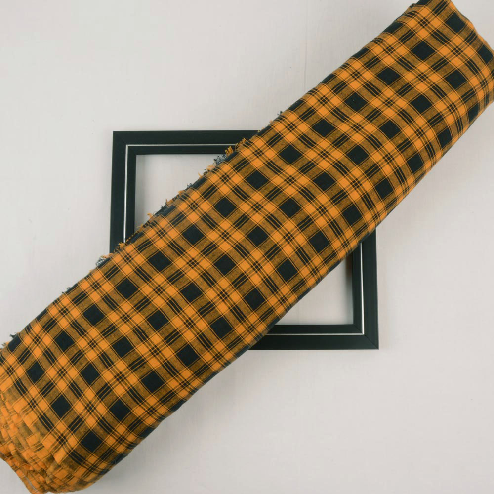 CHECK ORANGE & BLACK PURE COTTON 86 GSM HANDWOVEN FABRIC