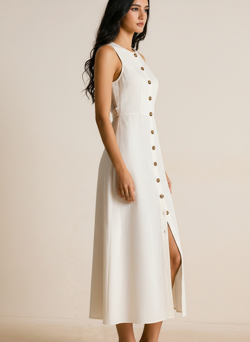 Buttoned Midi Dress With Slit