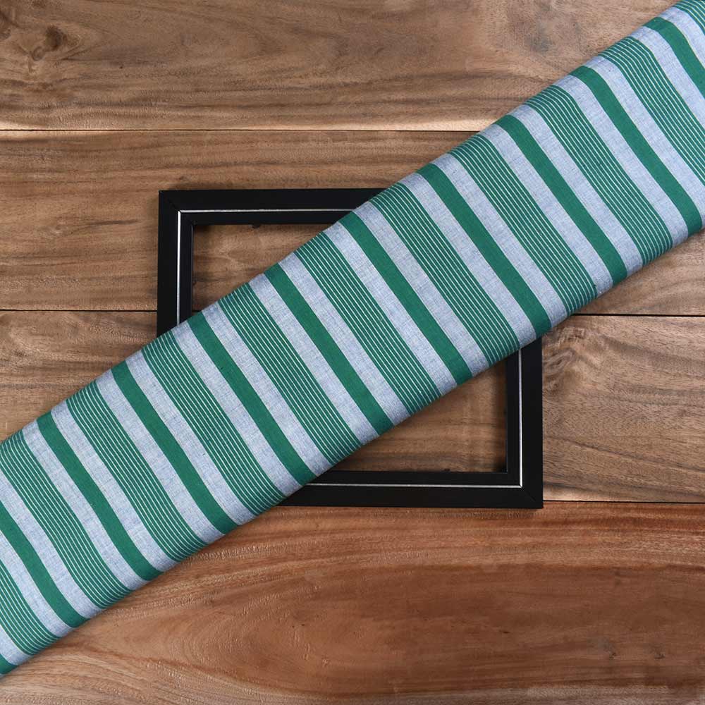 Stripe Green & White Pure Cotton 75 GSM Handwoven Fabric