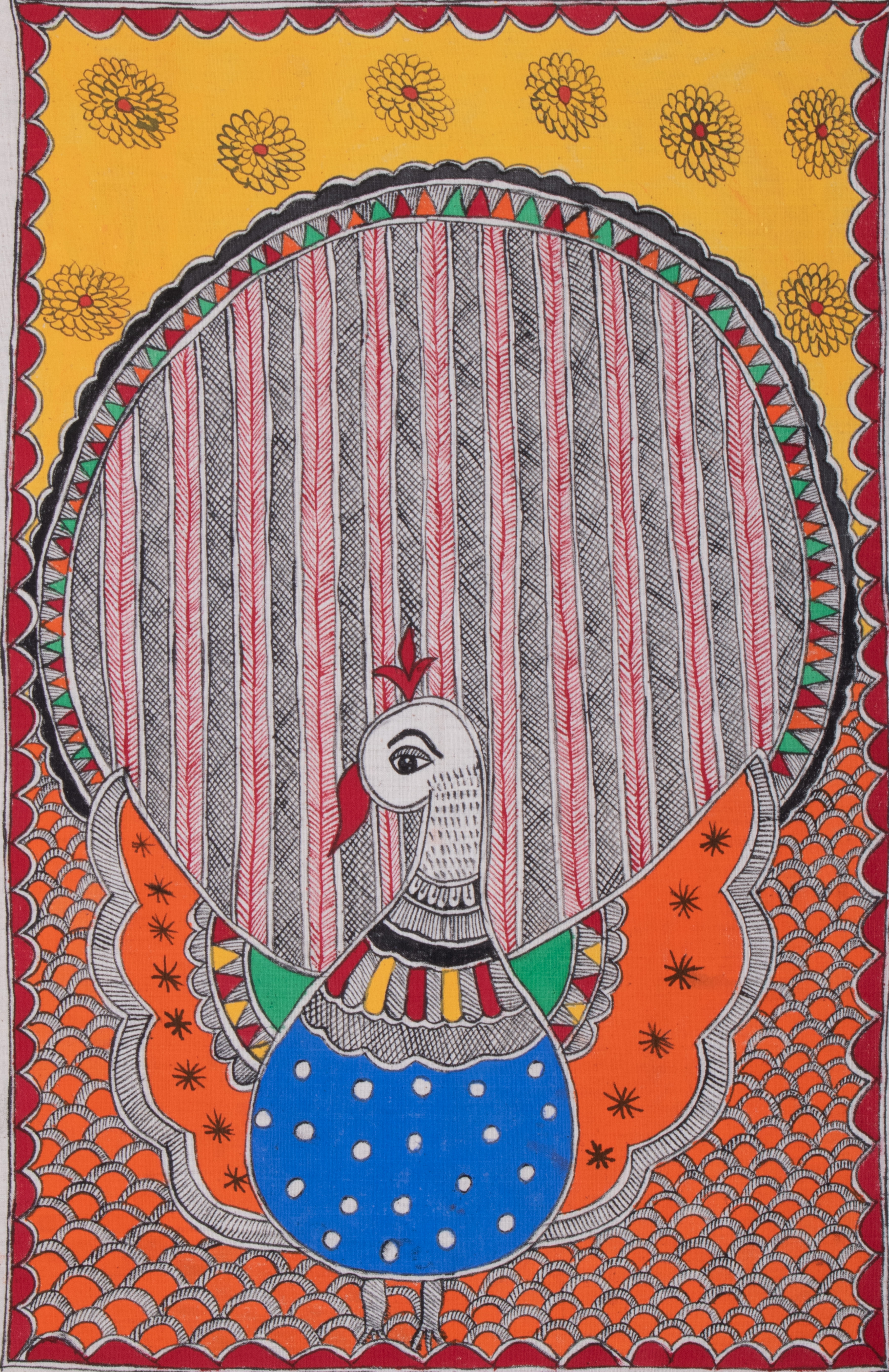 Madhubani artisan hand-painting a traditional Mithila artwork using fine detailing and symbolic motifs in a rural studio setting.