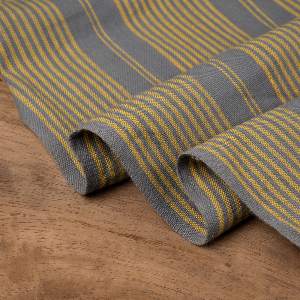 Stripe Yellow & Grey Pure Khadi 191 GSM Handspun & Handwoven Fabric